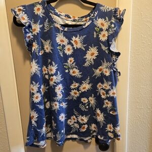 Maurices Floral Blue Ruffle Sleeve Top 1X